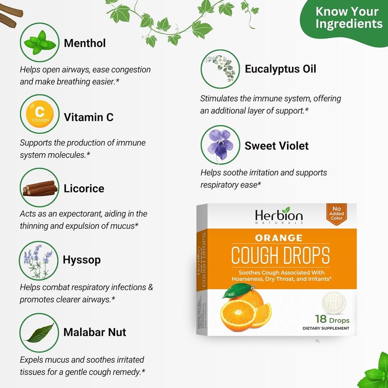 HERBION Naturals Cough Drops Dietary Supplement Soothes Cough for Adults and Children Over 6 Years No Artificial Flavor No Added Color 18 Count Pack of 1 Orange - Image 2