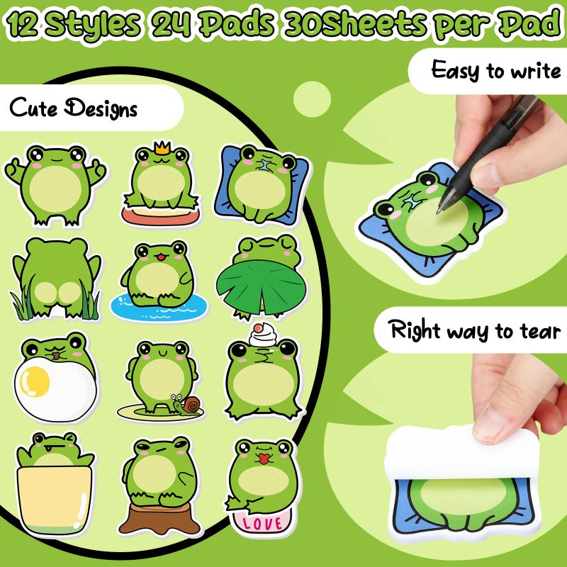 Yinder 24 Pads Cute Sticky Notes Fun Kawaii Animal Sticky Notes Pads Bulk Cartoon Memo Self Adhesive Gift for Valentines Veterinary Office School Tab Party Supplies(Frog) - Image 3