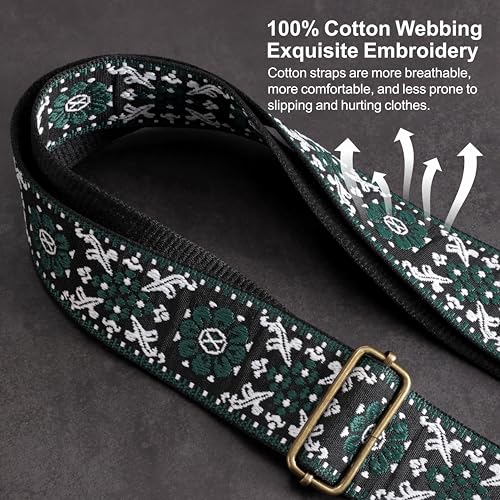 Nefelibata Guitar Strap,Jacquard Embroidery Cotton Guitar Straps with Crazy Horse Leather Ends for Bass, Electric & Acoustic, Best Gifts for Guitarists(Dark Green Flower Embroidery) - Image 4
