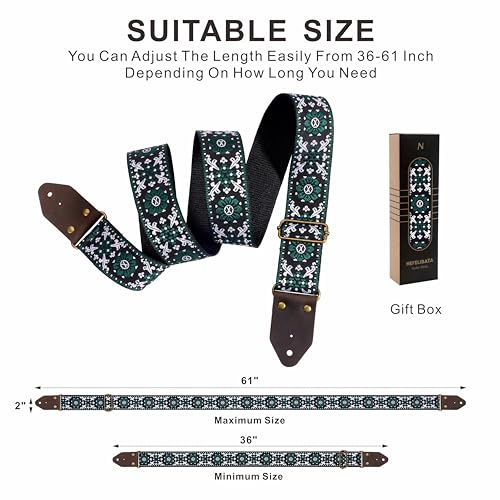 Nefelibata Guitar Strap,Jacquard Embroidery Cotton Guitar Straps with Crazy Horse Leather Ends for Bass, Electric & Acoustic, Best Gifts for Guitarists(Dark Green Flower Embroidery) - Image 5