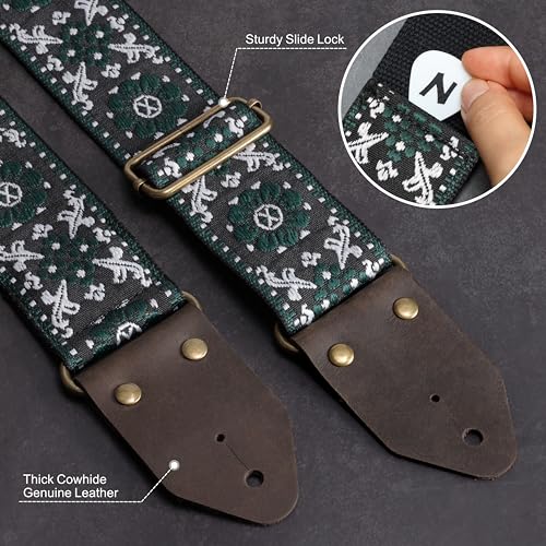 Nefelibata Guitar Strap,Jacquard Embroidery Cotton Guitar Straps with Crazy Horse Leather Ends for Bass, Electric & Acoustic, Best Gifts for Guitarists(Dark Green Flower Embroidery) - Image 3