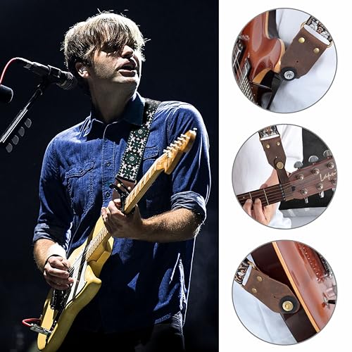 Nefelibata Guitar Strap,Jacquard Embroidery Cotton Guitar Straps with Crazy Horse Leather Ends for Bass, Electric & Acoustic, Best Gifts for Guitarists(Dark Green Flower Embroidery) - Image 2