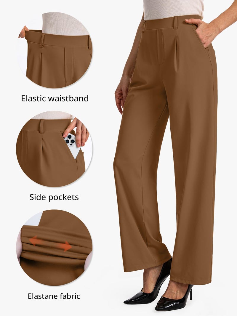 Feiersi Womens Dress Pants Wide Leg Stretchy Work Pants High Waisted Pull On Casual Trousers with Pockets(Coffee,Large) - Image 4