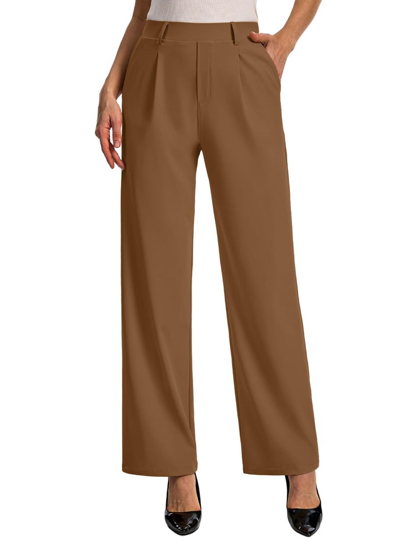 Feiersi Womens Dress Pants Wide Leg Stretchy Work Pants High Waisted Pull On Casual Trousers with Pockets(Coffee,Large) - Image 1
