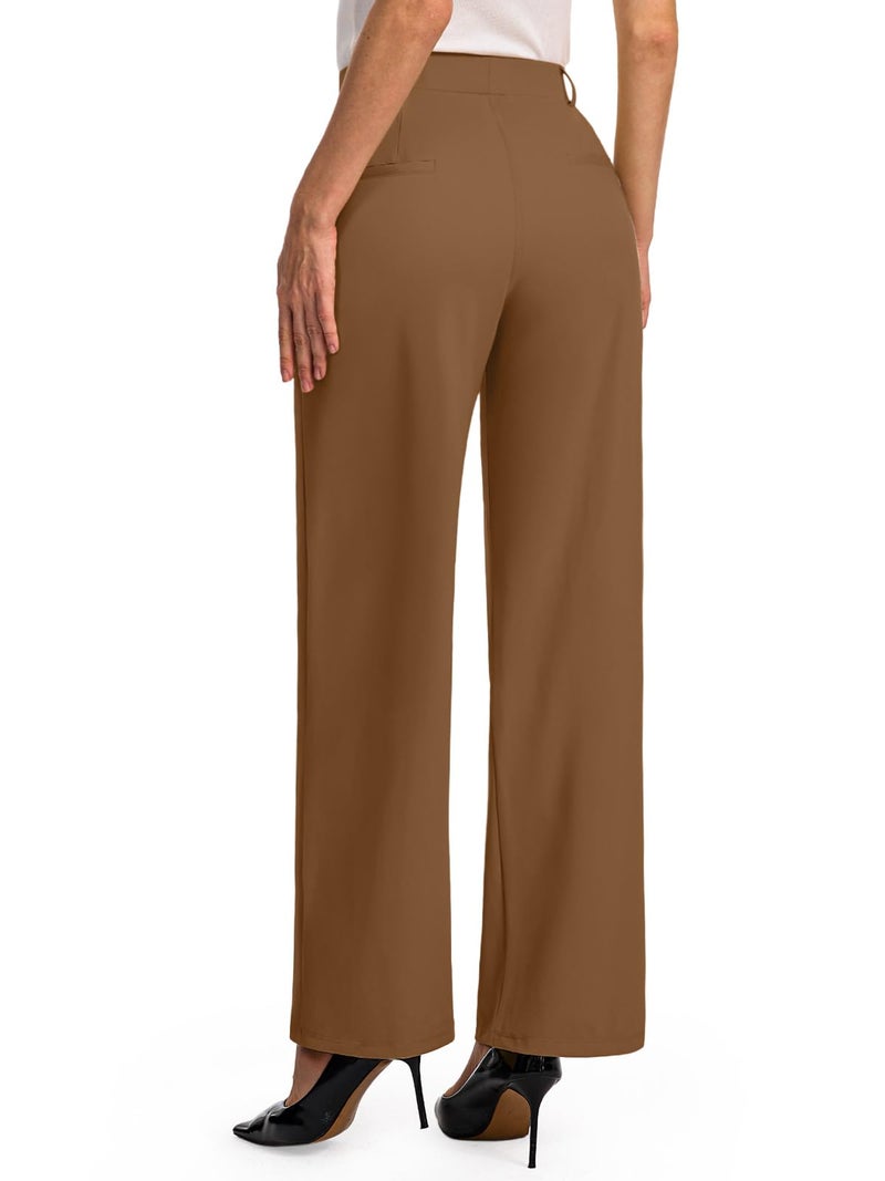 Feiersi Womens Dress Pants Wide Leg Stretchy Work Pants High Waisted Pull On Casual Trousers with Pockets(Coffee,Large) - Image 2