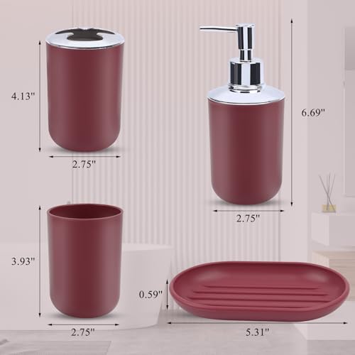 LGURT Red Bathroom Accessories Set 4Piece Plastic Bathroom Set with Soap Dispenser Toothbrush Holder Rinse Cup Soap Dish Bold Red Bathroom Decor for Home - Image 3