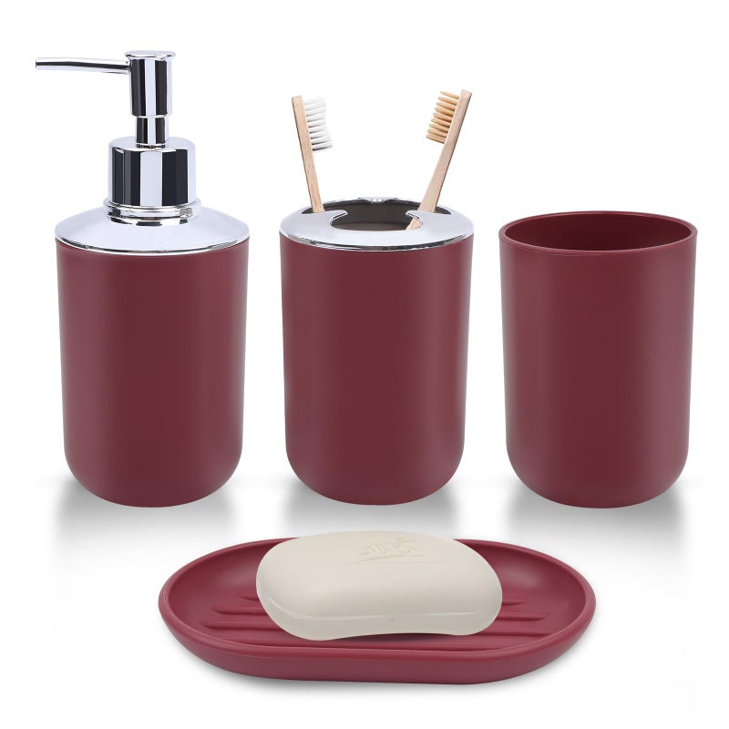 LGURT Red Bathroom Accessories Set 4Piece Plastic Bathroom Set with Soap Dispenser Toothbrush Holder Rinse Cup Soap Dish Bold Red Bathroom Decor for Home - Image 2