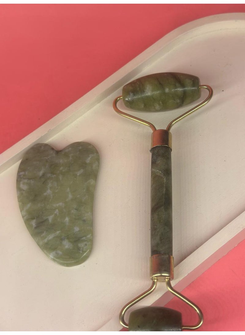 مجموعة أسطوانة رفع الوجه الطبيعية من اليشم وأدوات تدليك غوا شا - Image 1