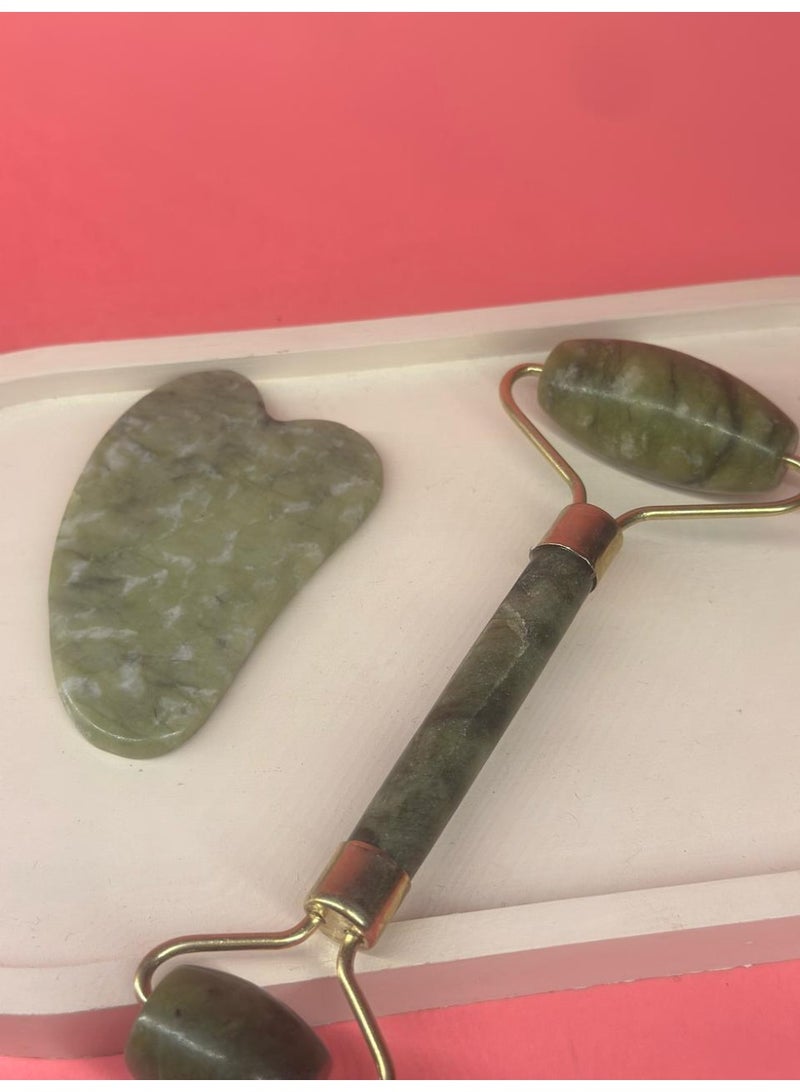 مجموعة أسطوانة رفع الوجه الطبيعية من اليشم وأدوات تدليك غوا شا - Image 2