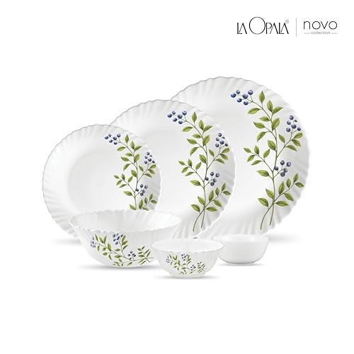 La Opala Novo Collection Opal Glass Crockery | for Family of 6 | Dinner Set 23 pcs Lush Greens | Plates & Bowls for Dining | Microwave Safe | 100% Vegetarian | Extra Strong | Light & White - Image 2