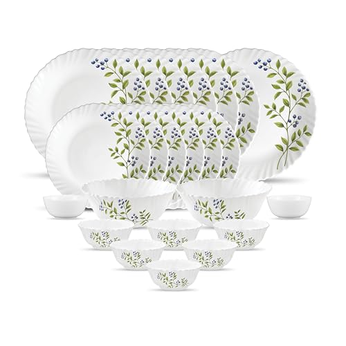 La Opala Novo Collection Opal Glass Crockery | for Family of 6 | Dinner Set 23 pcs Lush Greens | Plates & Bowls for Dining | Microwave Safe | 100% Vegetarian | Extra Strong | Light & White - Image 1