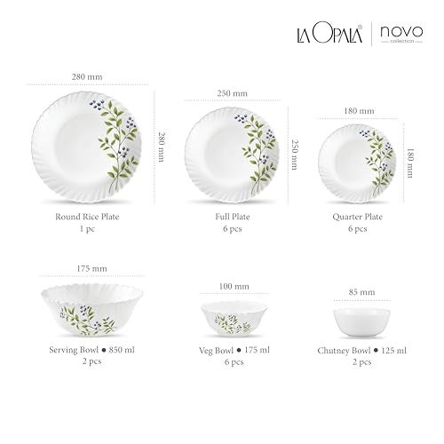 La Opala Novo Collection Opal Glass Crockery | for Family of 6 | Dinner Set 23 pcs Lush Greens | Plates & Bowls for Dining | Microwave Safe | 100% Vegetarian | Extra Strong | Light & White - Image 3