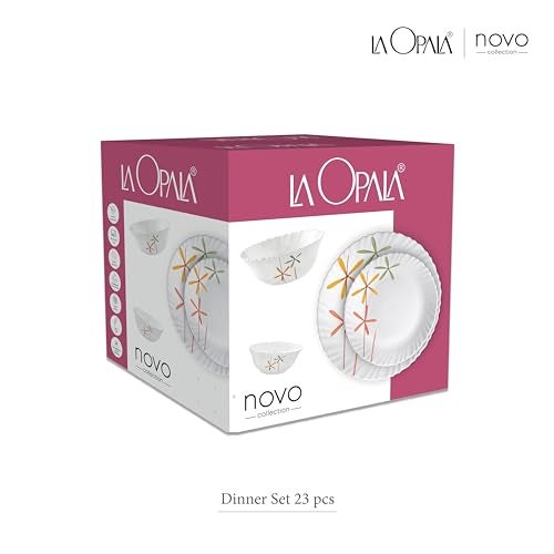 La Opala Novo Collection Opal Glass Crockery | for Family of 6 | Dinner Set 23 pcs Lush Greens | Plates & Bowls for Dining | Microwave Safe | 100% Vegetarian | Extra Strong | Light & White - Image 5