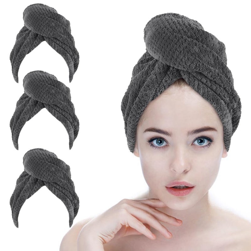 Sinland Microfiber Hair Drying Cap Hair Towel Turban Twist for Women Fast Drying Towels Head Turban Absorbent Soft Lightweight 3 Pack Grey - Image 1