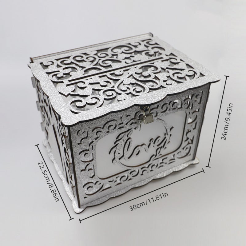 Wedding Card Box: 11.81L X 9.45W X 8.86H Silver Wooden Box - Secure Lock & Transparent Window, DIY Personalizable Card Storage Box for Wedding, Baby Shower, Graduation Party - Image 4