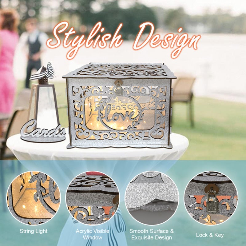 Wedding Card Box: 11.81L X 9.45W X 8.86H Silver Wooden Box - Secure Lock & Transparent Window, DIY Personalizable Card Storage Box for Wedding, Baby Shower, Graduation Party - Image 2