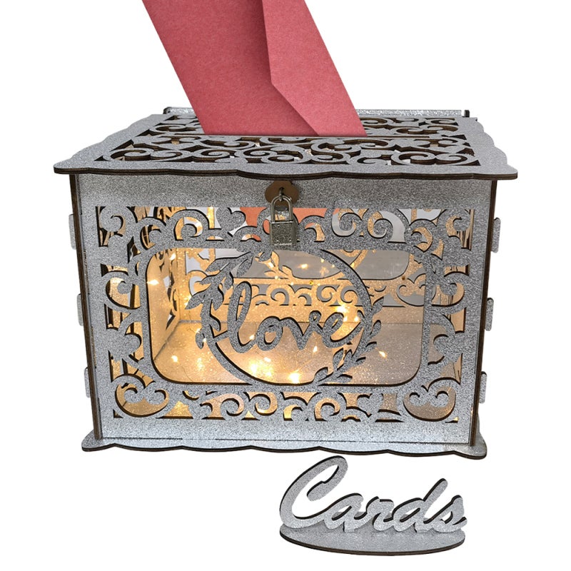 Wedding Card Box: 11.81L X 9.45W X 8.86H Silver Wooden Box - Secure Lock & Transparent Window, DIY Personalizable Card Storage Box for Wedding, Baby Shower, Graduation Party - Image 1