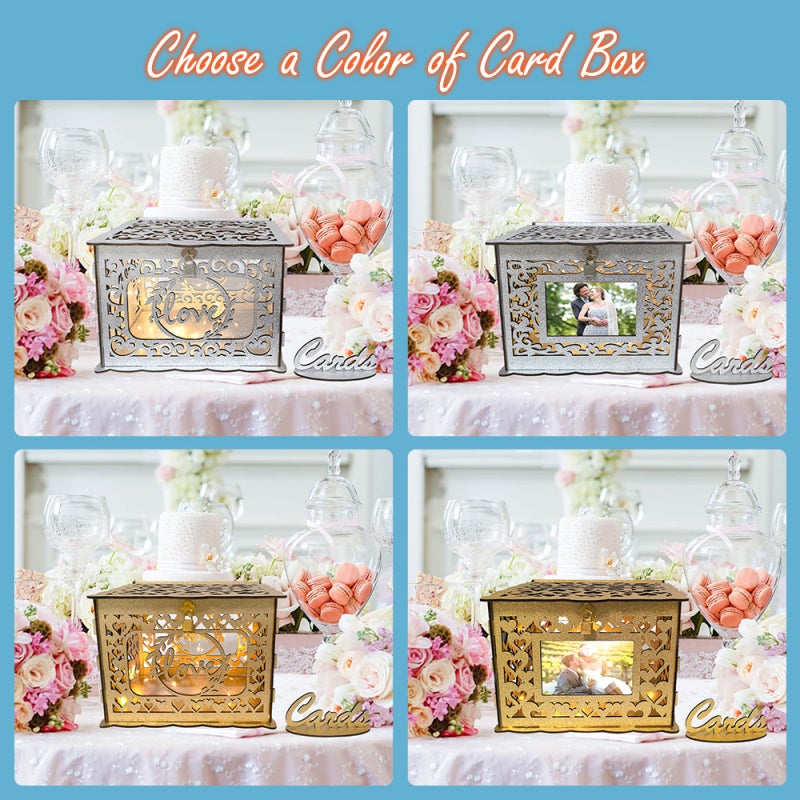 Wedding Card Box: 11.81L X 9.45W X 8.86H Silver Wooden Box - Secure Lock & Transparent Window, DIY Personalizable Card Storage Box for Wedding, Baby Shower, Graduation Party - Image 5