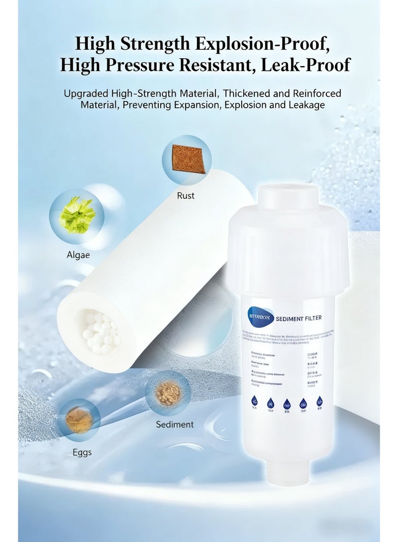 This multi-functional household water filter is made of PP cotton and features built-in dechlorination beads. It is suitable for use with washing machines, water heaters, and shower heads. It includes one main unit and three spare filter cartridges. - Image 2