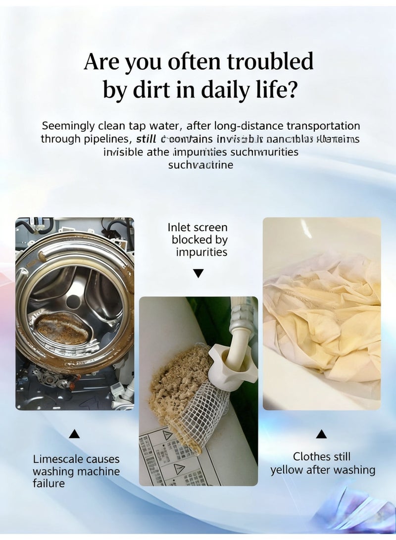 This multi-functional household water filter is made of PP cotton and features built-in dechlorination beads. It is suitable for use with washing machines, water heaters, and shower heads. It includes one main unit and three spare filter cartridges. - Image 4