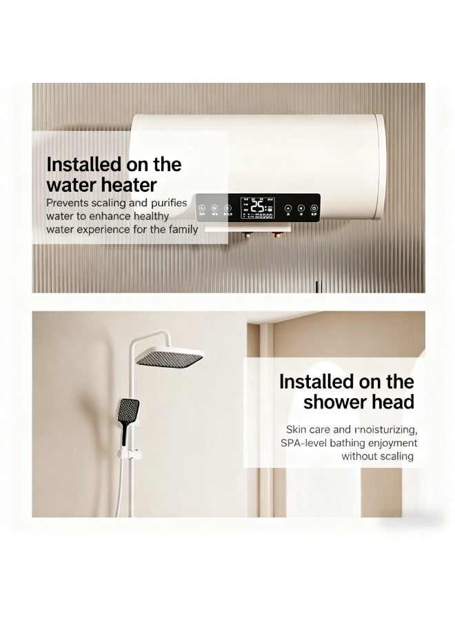 This multi-functional household water filter is made of PP cotton and features built-in dechlorination beads. It is suitable for use with washing machines, water heaters, and shower heads. It includes one main unit and three spare filter cartridges. - Image 5