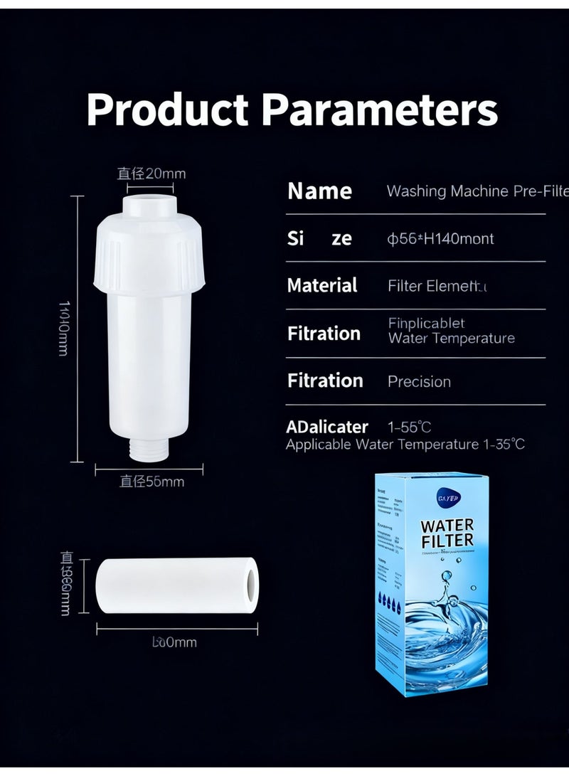 This multi-functional household water filter is made of PP cotton and features built-in dechlorination beads. It is suitable for use with washing machines, water heaters, and shower heads. It includes one main unit and three spare filter cartridges. - Image 3