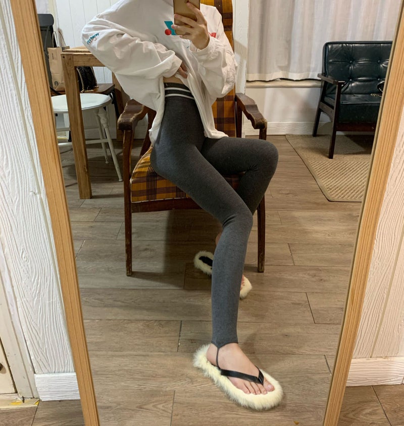 Striped thickened fleece-lined leggings womens outer wear autumn and winter New Korean style slimming high waist slimming skinny pants step-on pants Dark gray  - Image 1
