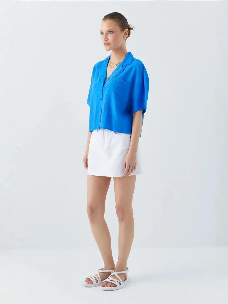 MixRay Mixray Loose Fit Button-Up Crop Shirt with Pocket