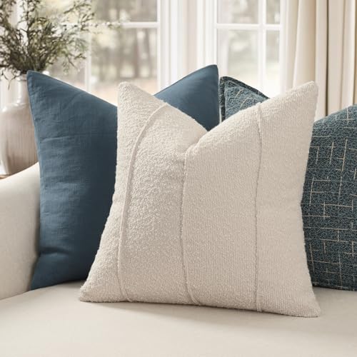 YCOLL Textured Boucle Throw Pillow Covers 22x22 Pack of 2 Soft Neutral Striped Cushion Covers Cozy Accent Decorative Pillow Covers for Couch Sofa Bed Living Room Beige - Image 3