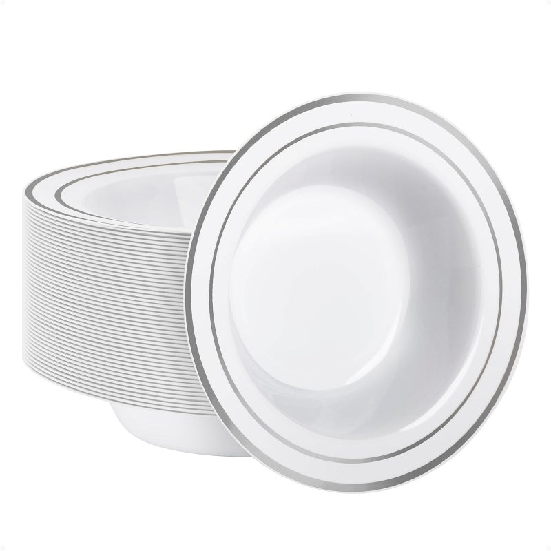 Goodluck 50 Pack Plastic Bowls with Silver Rim  12oz Disposable Soup Bowls for Weddings  Parties  Dinners  Catering  and Everyday Use - Image 1