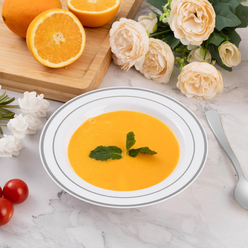 Goodluck 50 Pack Plastic Bowls with Silver Rim  12oz Disposable Soup Bowls for Weddings  Parties  Dinners  Catering  and Everyday Use - Image 5