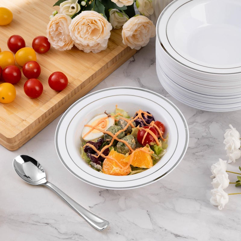 Goodluck 50 Pack Plastic Bowls with Silver Rim  12oz Disposable Soup Bowls for Weddings  Parties  Dinners  Catering  and Everyday Use - Image 3