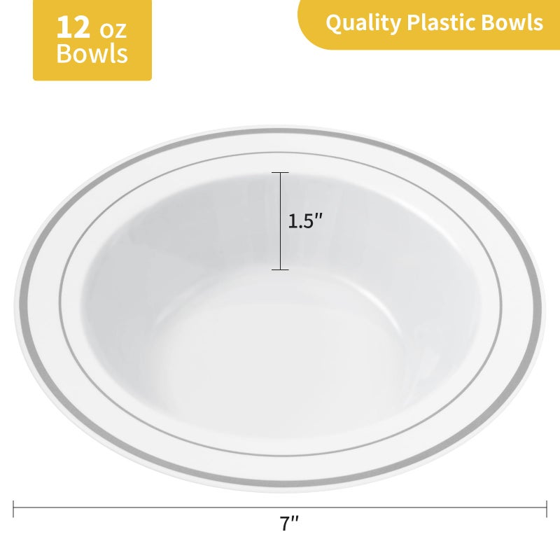 Goodluck 50 Pack Plastic Bowls with Silver Rim  12oz Disposable Soup Bowls for Weddings  Parties  Dinners  Catering  and Everyday Use - Image 4