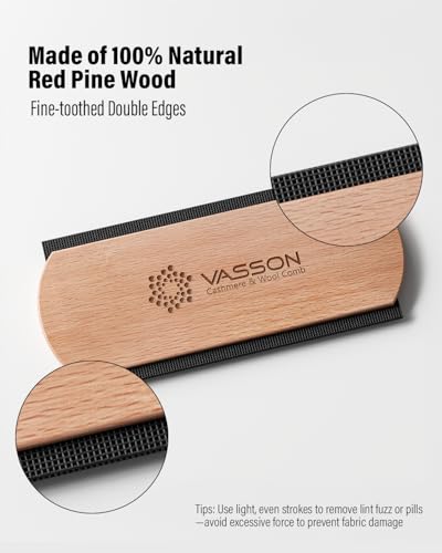 VASSON Cashmere Comb for Sweaters & Wool - Thicker Solid Beechwood Handle Fabric Shaver - 20% Larger Manual Depiller & Fuzz Remover for Knits, Scarves, and Coats (Dual-Sided Design) - Image 4