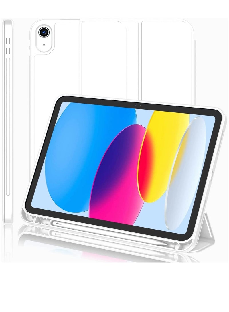 New iPad 10.9 Inch Case 2022 (10th Gen) with Pencil Holder – Trifold Stand Smart Case, Soft TPU Back, Auto Wake/Sleep (White)