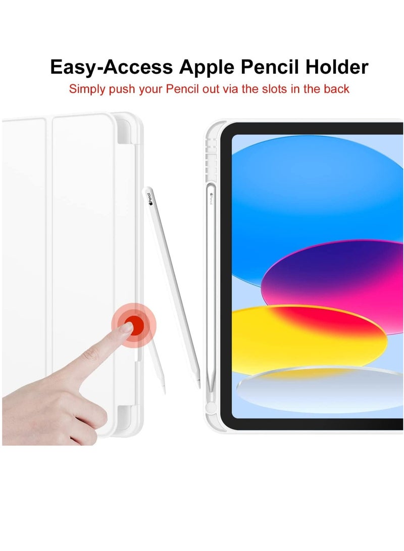 New iPad 10.9 Inch Case 2022 (10th Gen) with Pencil Holder – Trifold Stand Smart Case, Soft TPU Back, Auto Wake/Sleep (White)