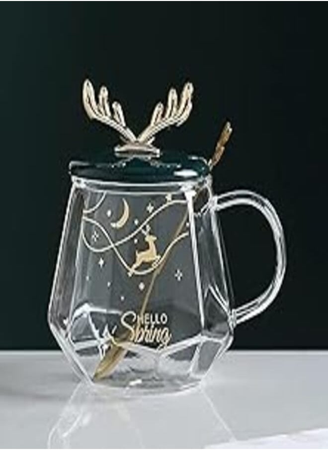 Generic - Glass Tumbler With Lid With Stainless Spoon 400Ml Gold Deer - Image 1