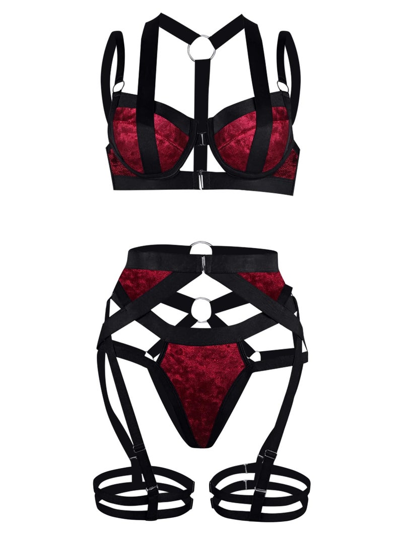 Lilosy Sexy Strappy Underwire Push Up Garter Belt Lingerie Set Harness Cutout Outfits Matching Bra Panty 3 Piece Women Red Velvet Large - Image 4