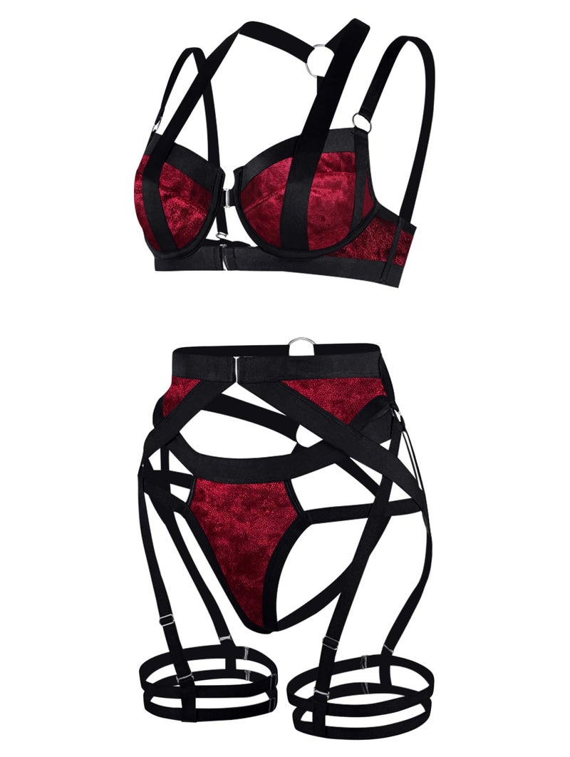 Lilosy Sexy Strappy Underwire Push Up Garter Belt Lingerie Set Harness Cutout Outfits Matching Bra Panty 3 Piece Women Red Velvet Large - Image 5