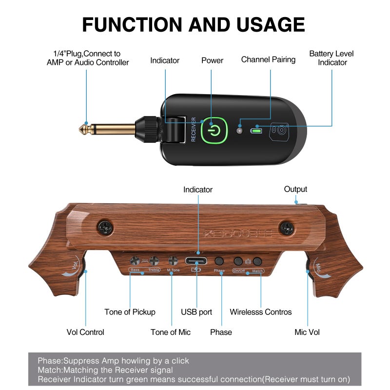 SUNYIN Wireless Acoustic Guitar Pickup Rechargable Magnetic And Microphone Soundhole Pickup For Acoustic Guitar Build-In Volume Control(Wood Grain) - Image 2