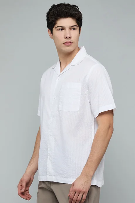 R&b Striped Shirt with Revere Collar and Short Sleeves