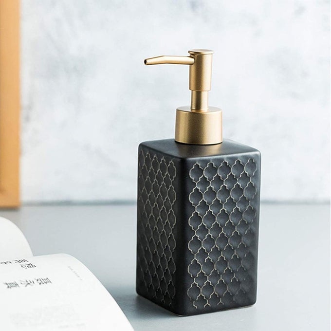CERAMIC SOAP DISPENSER WITH ROSE GOLD TOP FOR KITCHEN/BATHROOM, IDEAL BATHROOM ACCESSORY, PRACTICAL & DECORATIVE TABLETOP SOAP DISPENSER, 360ML (BLACK)