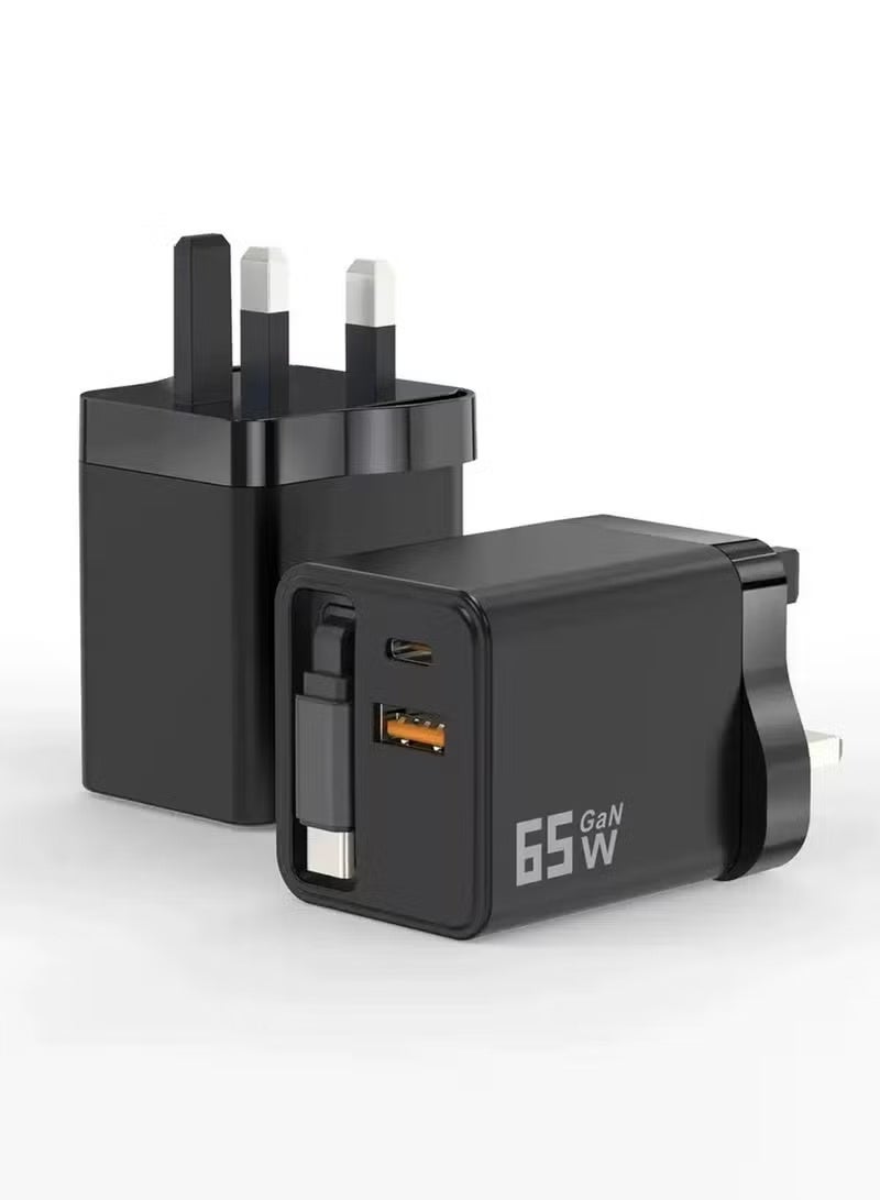 65W Charger Adapter, GaN Super Fast Charging, Portable Travel Wall Charger, Built-in Retractable Charging Cable, Type-C/USB Dual Interface, Compact and Portable For iPhone16/15/Huawei/Android iPad Pro, Galaxy S24/S23 Safe and Durable