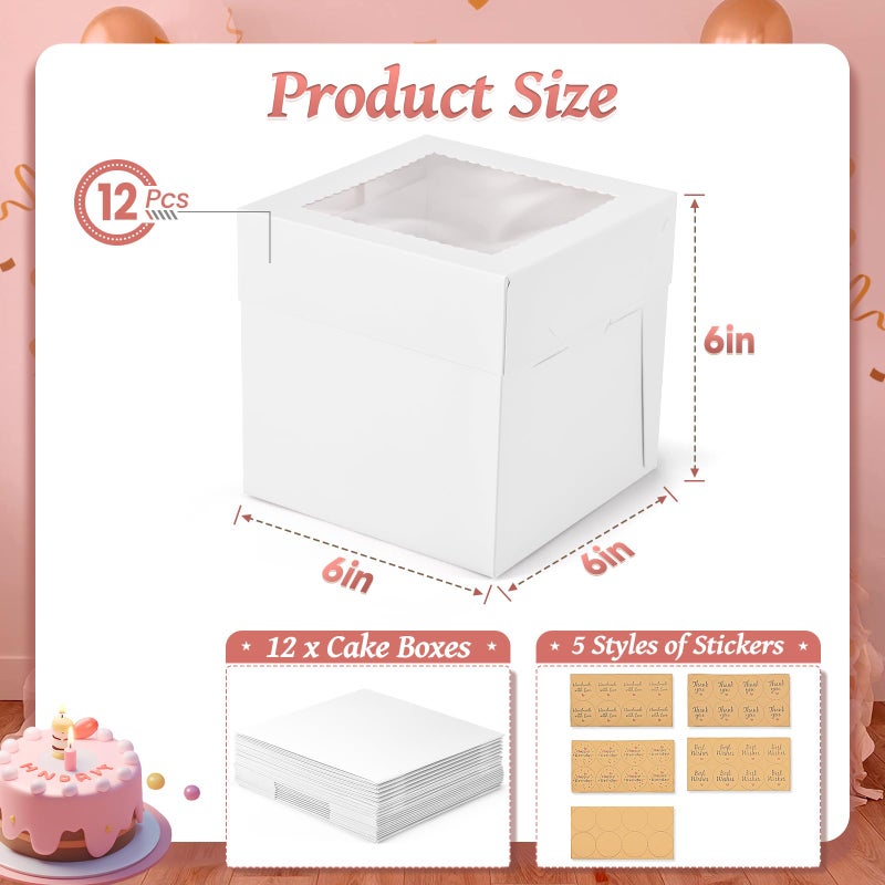 DOYIDE 12Pcs 6x6x6 Inches Mini Cake Boxes, White Square Bakery Boxes with Window, Small Cake Containers for Pastries, Cookies, Chocolates, Cupcakes, Birthday Party Cajas Pasteles - Image 3