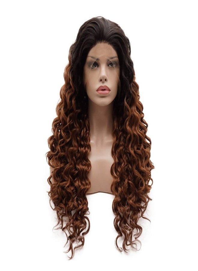لاشي شعر مستعار كثيف مجعد طويل بطول 26 بوصة، جذور داكنة، لون بني محمر متدرج، كثافة عالية، مظهر طبيعي وأنيق، مصنوع من ألياف صناعية أمامية من الدانتيل - Image 1