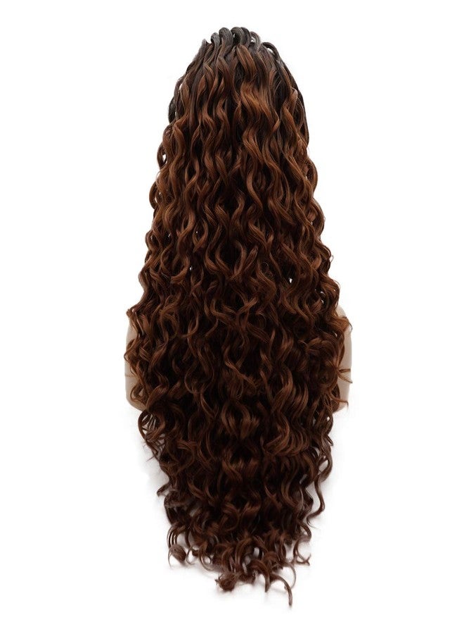 لاشي شعر مستعار كثيف مجعد طويل بطول 26 بوصة، جذور داكنة، لون بني محمر متدرج، كثافة عالية، مظهر طبيعي وأنيق، مصنوع من ألياف صناعية أمامية من الدانتيل - Image 4