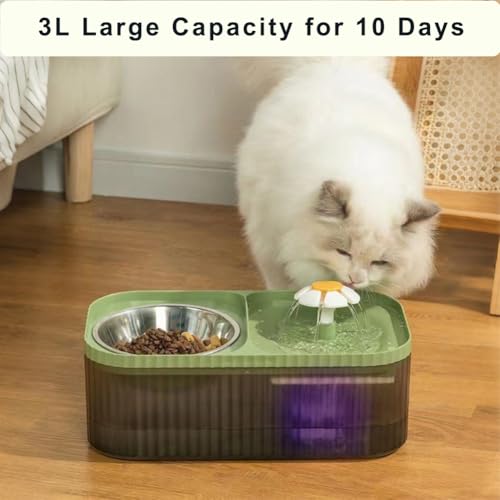 Marchul Cat Water Fountain and Stainless Steel Food Bowl, 100oz/3L Super Quiet Automatic Pet Water Dispenser with Smart Pump and 3 Replacement Filters for Cats and Small Dogs, Green - Image 3