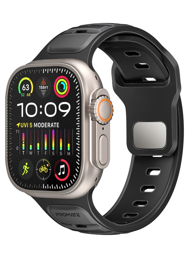 بروميت سوار Apple Watch ثنائي اللون بسطح معالج للأشعة فوق البنفسجية ومقاوم للغبار، إبزيم من الفولاذ المقاوم للصدأ مضاد للصدأ، هيكل سيليكون متين، توافق مع جميع الأحجام، SiliBand-DC أسود - Image 1