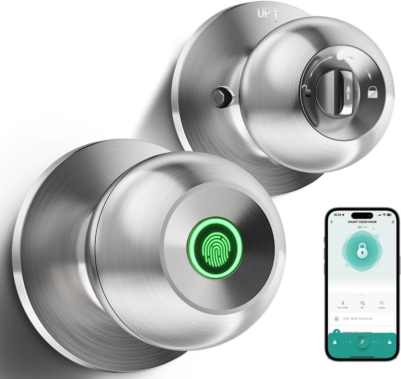 KLLOQUE Fingerprint Door Lock, Smart Fingerprint Door Knob with Lock, Biometric Door Locks with App Control & Key, Keyless Thumbprint Entry Door Locks for Bedroom, Front Door, Home, Apartment - Brushed Silver - Image 1