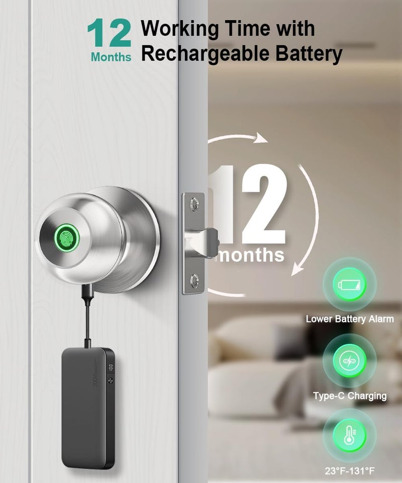 KLLOQUE Fingerprint Door Lock, Smart Fingerprint Door Knob with Lock, Biometric Door Locks with App Control & Key, Keyless Thumbprint Entry Door Locks for Bedroom, Front Door, Home, Apartment - Brushed Silver - Image 4
